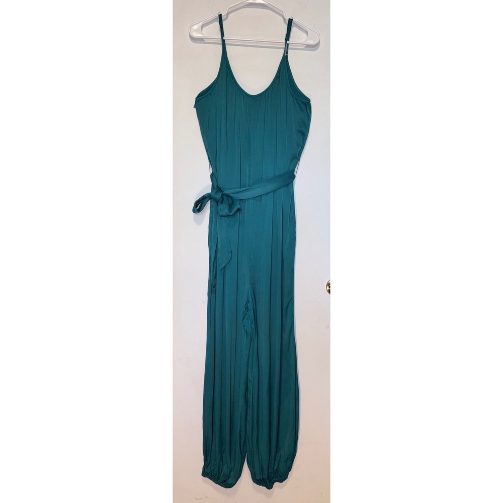 Saturday Sunday Anthropologie Jumpsuit XL Teal Green Sleeveless Tie Waist Boho